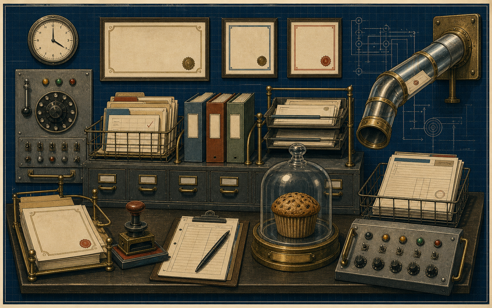 1950s records annex with filing trays, pneumatic tube, official stamp, and archived muffin specimen
